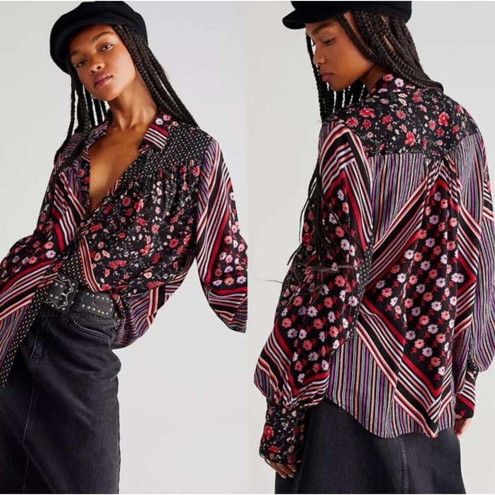 Free People Hazel Mixed Print Oversized Blouse Boho Dark Floral 70s Retro Sz L